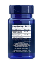 Supplement facts label on blue bottle of vegetarian capsules containing probiotics and other ingredients.