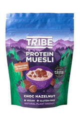 TRIBE Protein Muesli Choc Hazelnut, vegan and gluten-free, with 10g protein per serving and Great Taste Award.