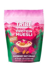 TRIBE Protein Muesli Raspberry Nut Crunch packaging, vegan and gluten-free, with natural plant-based energy.
