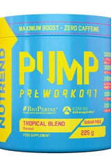 Pump Pre-Workout supplement with tropical blend flavor, zero caffeine, 225g, enhances muscle pump and performance.
