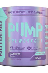 Nutrend PUMP Pre-Workout container in Rainbow flavour, 225g, sugar-free, zero caffeine, maximum boost for workouts.