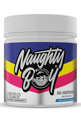 Naughty Boy PUMP supplement jar featuring CELL SWELL TECHNOLOGY for enhanced workout performance, 25 servings, Blue Razz flavor.