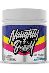 Naughty Boy PUMP supplement jar featuring CELL SWELL TECHNOLOGY for enhanced workout performance, 25 servings, Blue Razz flavor.