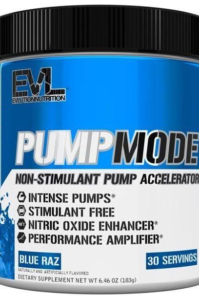 EVLution Nutrition PumpMode Powder container, non-stimulant pump accelerator, Blue Raz flavor, 30 servings.
