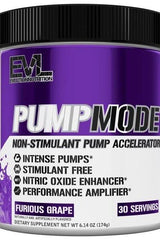 EVLution Nutrition PumpMode Powder container, Furious Grape flavor, non-stimulant pump accelerator for muscle performance.