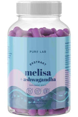 Pure Lab's Extract of Lemon Balm and Ashwagandha supplement in a clear bottle with 170 vegan capsules.