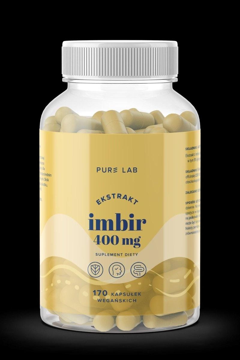 Pure Lab ginger extract supplement bottle with 400 mg per capsule, 170 vegan capsules for improved vitality.