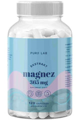 Pure Lab Magnesium 365 mg supplement bottle, 120 vegan capsules, promotes heart health and boosts immunity.