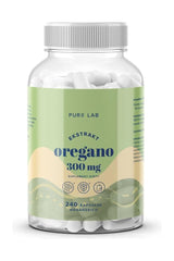 Pure Lab Oregano Extract 300 mg, dietary supplement in a 240-capsule bottle, offering antioxidant and antibacterial benefits.