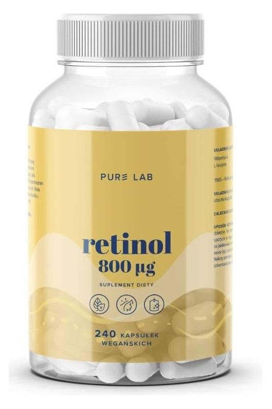 Pure Lab Retinol 800 µg supplement bottle with 240 vegan capsules for skin health and immune support.