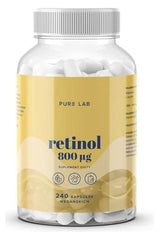 Pure Lab Retinol 800 µg supplement bottle with 240 vegan capsules for skin health and immune support.