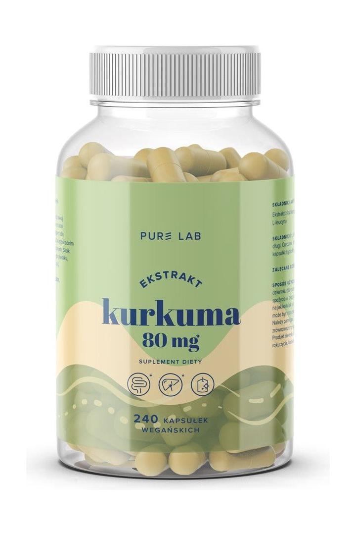 Pure Lab Turmeric 80 mg supplement bottle with 240 capsules for digestive support and inflammation relief.
