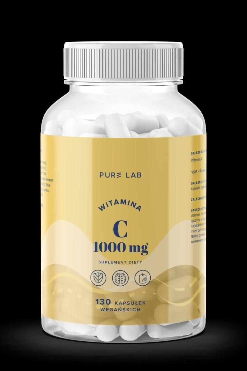 Pure Lab Vitamin C supplement bottle with 1000 mg capsules for immune support and collagen production.