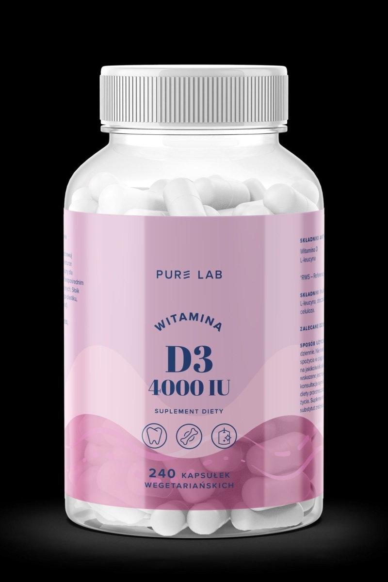 Pure Lab Vitamin D3 4000 IU dietary supplement in a clear bottle with 240 vegetarian capsules.