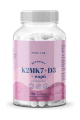 Pure Lab K2MK7+D3+Calcium dietary supplement, 130 vegetarian capsules in a clear bottle.