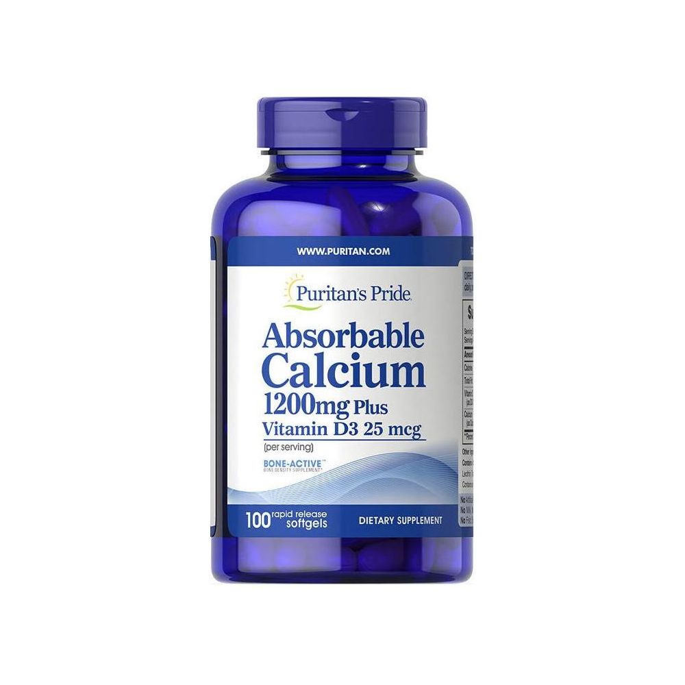 Puritan's Pride Absorbable Calcium 1200mg with Vitamin D3 1000 IU dietary supplement bottle.