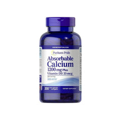 Puritan's Pride Absorbable Calcium 1200 mg with Vitamin D3 25 mcg dietary supplement softgels in blue bottle.
