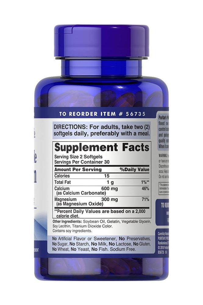 Puritan's Pride Absorbable Calcium 600 mg plus Magnesium 300 mg softgel bottle with supplement facts. Puritan's Pride Absorbable Calcium 600 mg plus Magnesium 300 mg softgel bottle with supplement facts.