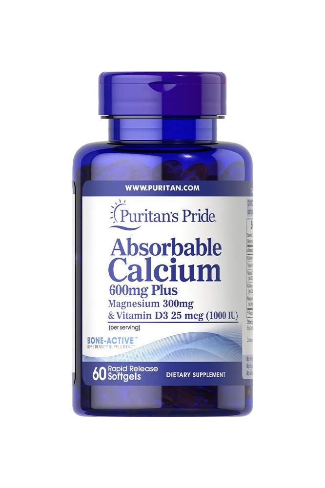 Puritan's Pride Absorbable Calcium 600mg with Magnesium 300mg and Vitamin D 1000IU, 60 softgels bottle.