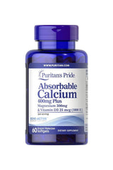 Puritan's Pride Absorbable Calcium 600mg with Magnesium 300mg and Vitamin D 1000IU, 60 softgels bottle.