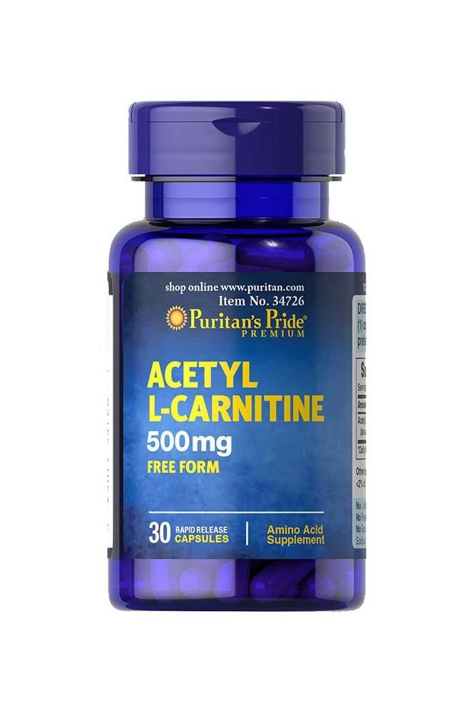 Puritan's Pride Acetyl L-Carnitine 500 mg supplement bottle, promoting metabolic function and energy conversion.