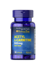 Puritan's Pride Acetyl L-Carnitine 500 mg supplement bottle, promoting metabolic function and energy conversion.