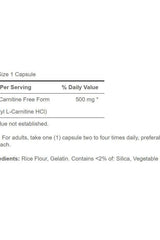 Supplement facts for Puritan's Pride Acetyl L-Carnitine 500 mg, including serving size and ingredients.
