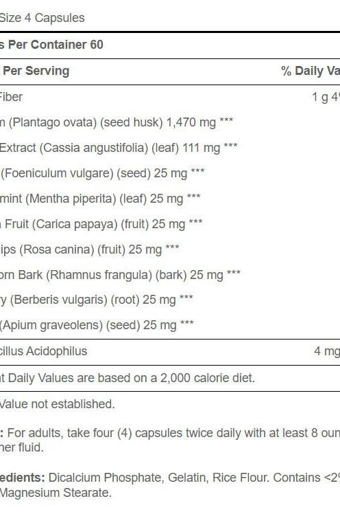 Supplement facts for Puritan's Pride Advanced Colon Cleanser - ingredients, servings, and fiber content. Supplement facts for Puritan's Pride Advanced Colon Cleanser - ingredients, servings, and fiber content.