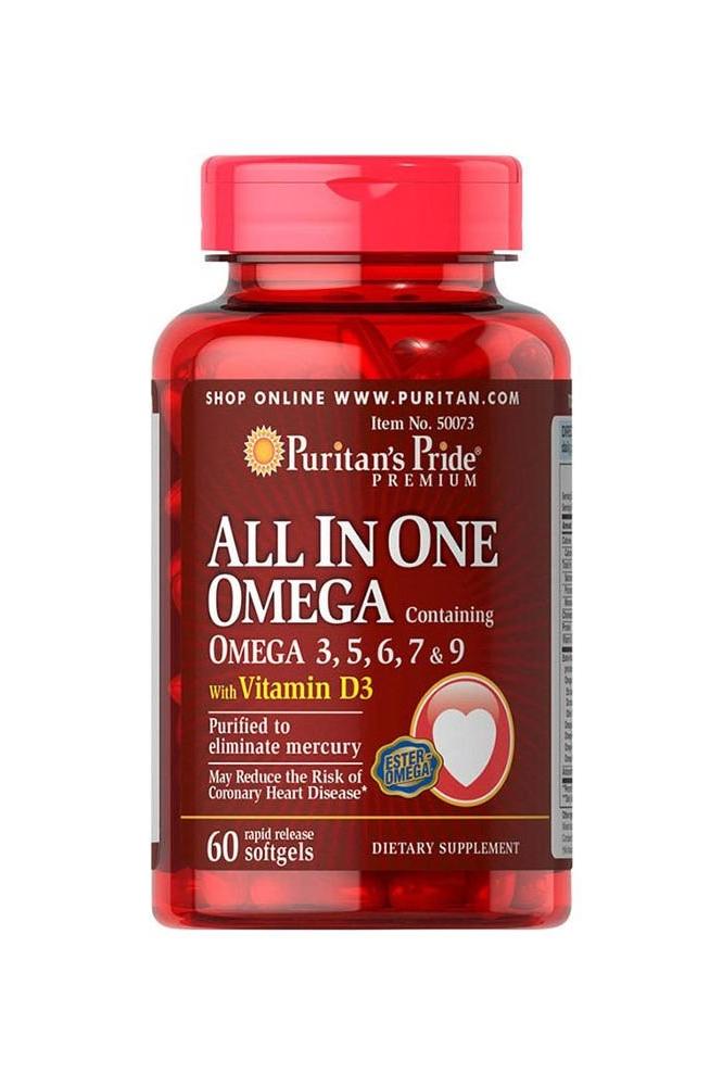 Puritan's Pride All In One Omega 3, 5, 6, 7 & 9 with Vitamin D3 supplement bottle, 60 softgels.