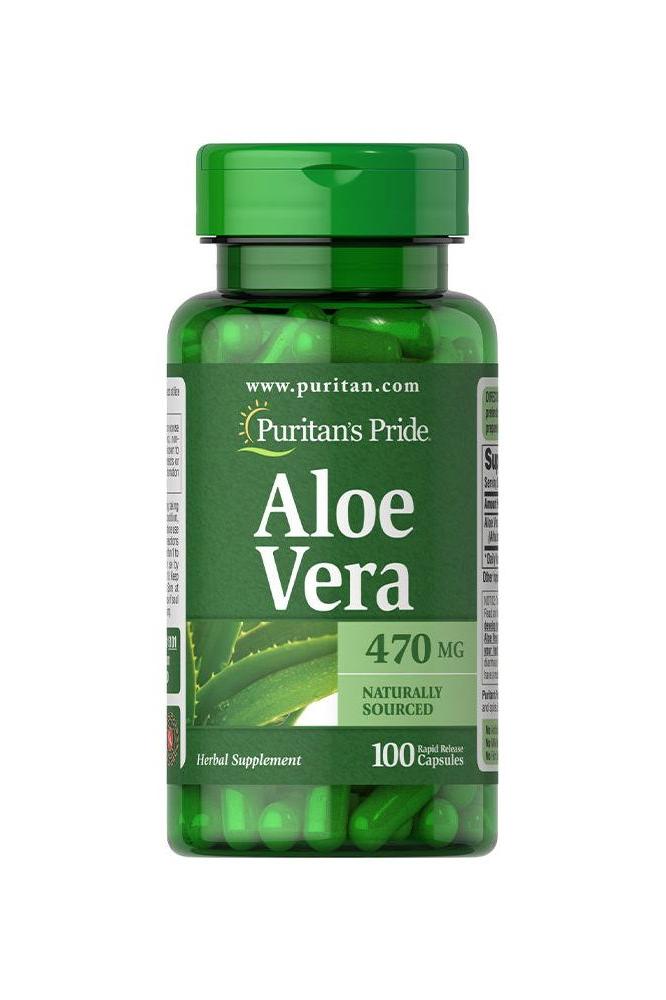 Puritan's Pride Aloe Vera 470 mg capsules bottle for healthy digestion and wellness, 100 count.