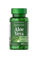 Puritan's Pride Aloe Vera 470 mg capsules bottle for healthy digestion and wellness, 100 count.
