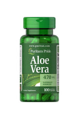 Puritan's Pride Aloe Vera 470 mg capsules bottle for healthy digestion and wellness, 100 count.