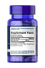 Puritan's Pride Alpha Lipoic Acid 200 mg supplement bottle with dosage instructions and nutritional facts.