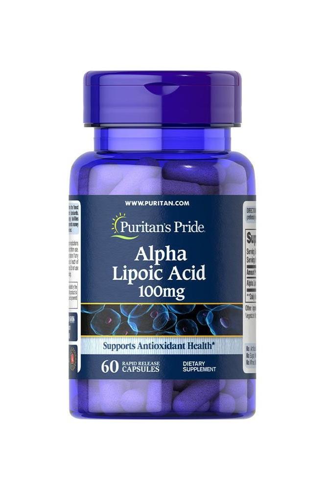 Puritan's Pride Alpha Lipoic Acid 100 mg, 60 capsules, supports antioxidant health and sugar metabolism.