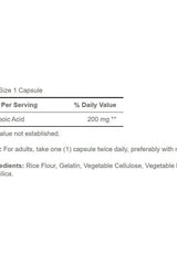 Supplement facts for Puritan's Pride Alpha Lipoic Acid 200 mg capsules, including serving size and ingredients.