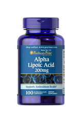 Puritan's Pride Alpha Lipoic Acid 200 mg, 100 capsules bottle for antioxidant support and sugar metabolism.