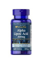 Puritan's Pride Alpha Lipoic Acid 300mg bottle, 60 capsules, supports antioxidant health and sugar metabolism.