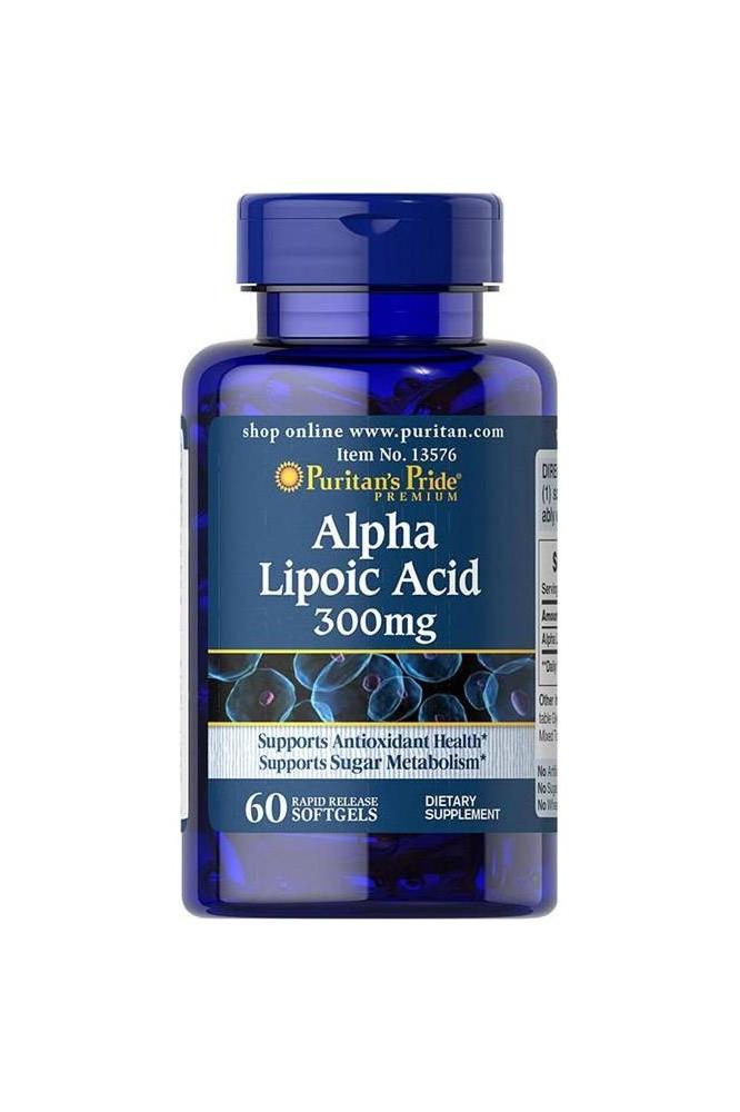 Puritan's Pride Alpha Lipoic Acid 300 mg supplement bottle, 60 softgels for antioxidant support and sugar metabolism.
