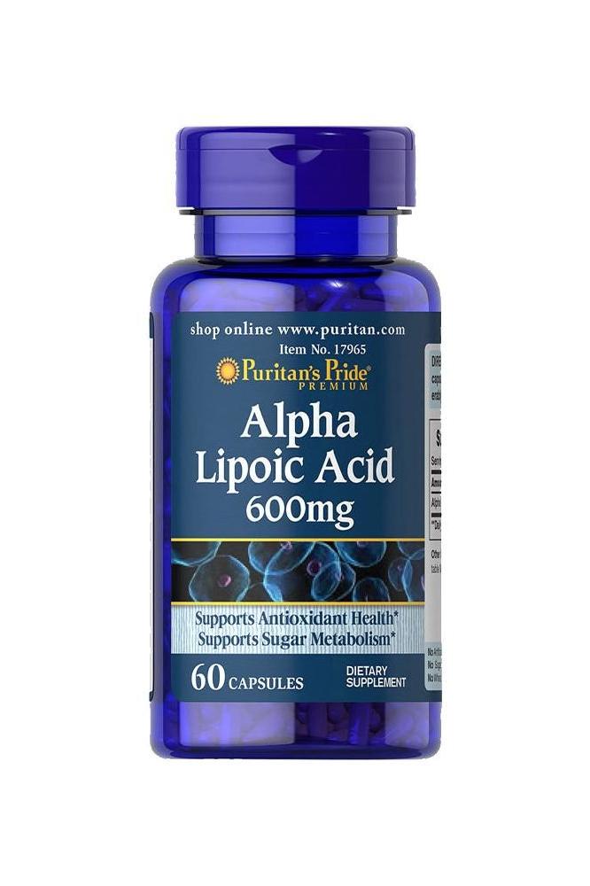 Puritan's Pride Alpha Lipoic Acid 600 mg supplement bottle, supports antioxidant health and sugar metabolism.