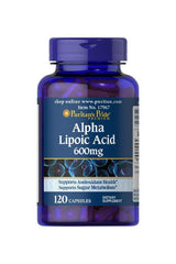 Puritan's Pride Alpha Lipoic Acid 600 mg supplement bottle, supports antioxidant health and sugar metabolism, 120 capsules.
