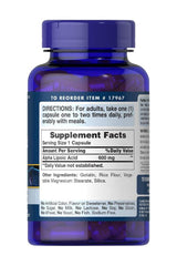 Puritan's Pride Alpha Lipoic Acid 600 mg supplement bottle with serving instructions and nutritional facts.