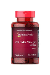 Puritan's Pride Apple Cider Vinegar 480 mg dietary supplement bottle, 200 vegetarian tablets.