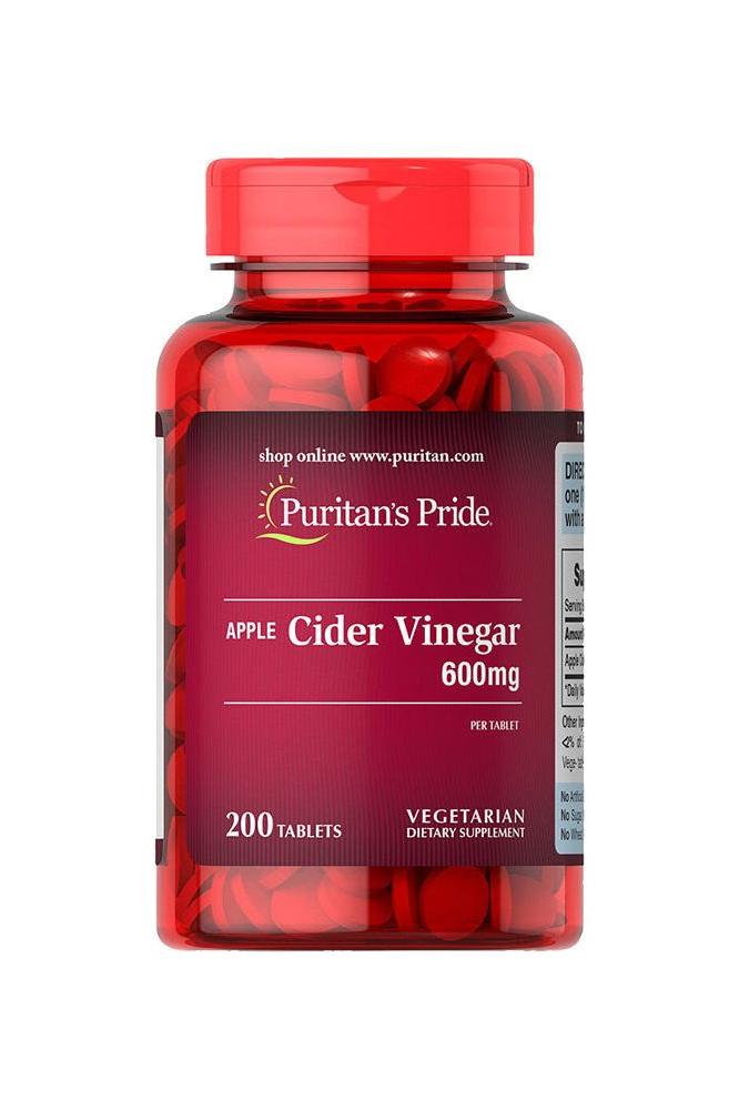 Puritan's Pride Apple Cider Vinegar 600 mg supplement bottle with 200 vegetarian tablets.
