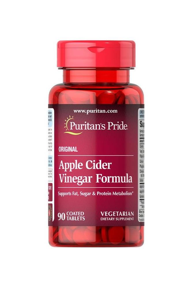 Puritan's Pride Apple Cider Vinegar Formula - 90 vegetarian tablets for fat, sugar, and protein metabolism support.