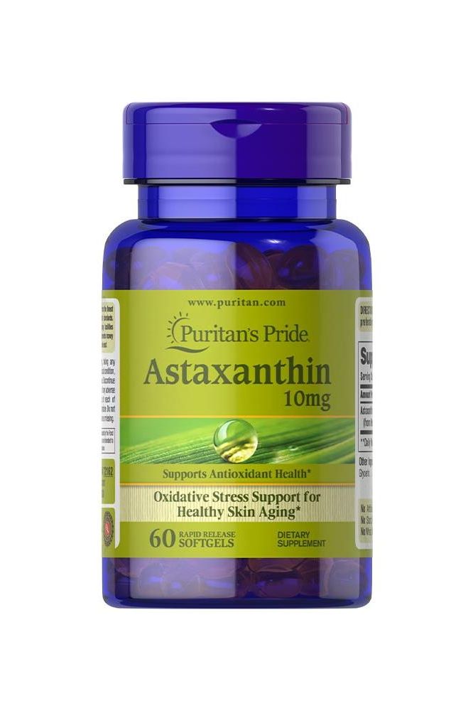 Puritan's Pride Astaxanthin 10mg softgels bottle for antioxidant support and healthy skin aging.