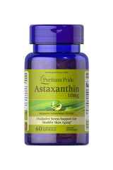 Puritan's Pride Astaxanthin 10mg softgels bottle for antioxidant support and healthy skin aging.