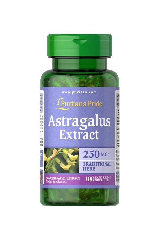 Puritan's Pride Astragalus Extract 250 MG, 100 softgels, natural herbal supplement for immune support.