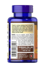 Puritan's Pride Bee Propolis 500 mg supplement bottle back label with nutritional information and warning details.