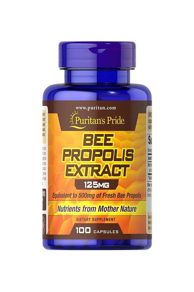Puritan's Pride Bee Propolis Extract 125 mg supplement bottle with 100 capsules, rich in natural nutrients.