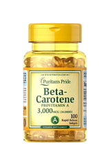 Puritan's Pride Beta-Carotene 10,000 IU supplement bottle with 100 softgels for eye and immune health.